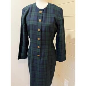 Vtg SANTA FE Dress Womens Sz 8 Green Blue Shift Button Tartan Blackwatch Plaid